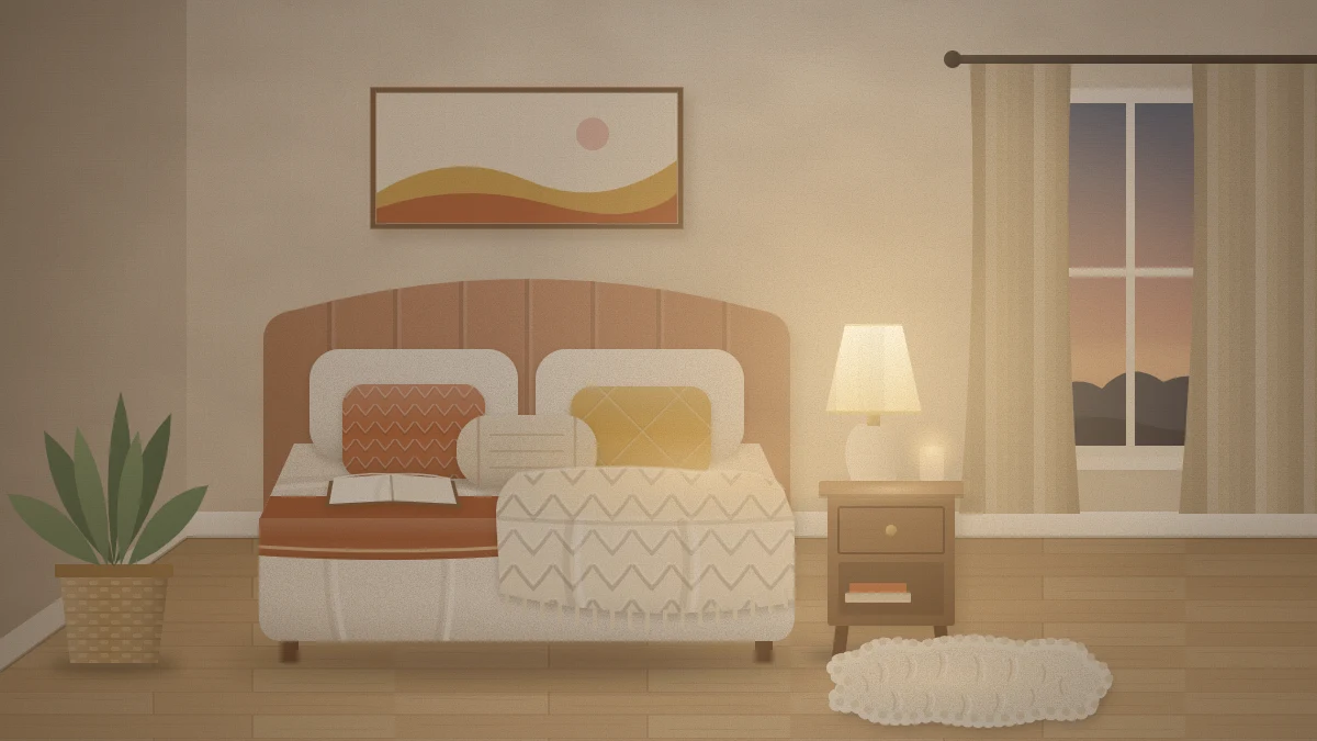 Cozy small bedroom corner at evening with a chunky cream knit throw, textured cushions, an upholstered headboard, a glowing lamp, linen curtains and a sheepskin