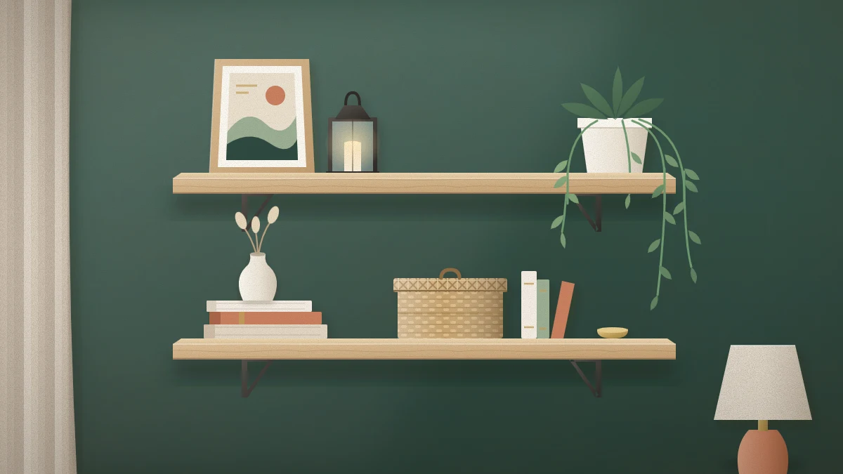 Two wooden bedroom wall shelves with a flat book stack and vase, a leaning framed print, a trailing plant, a woven box and empty space