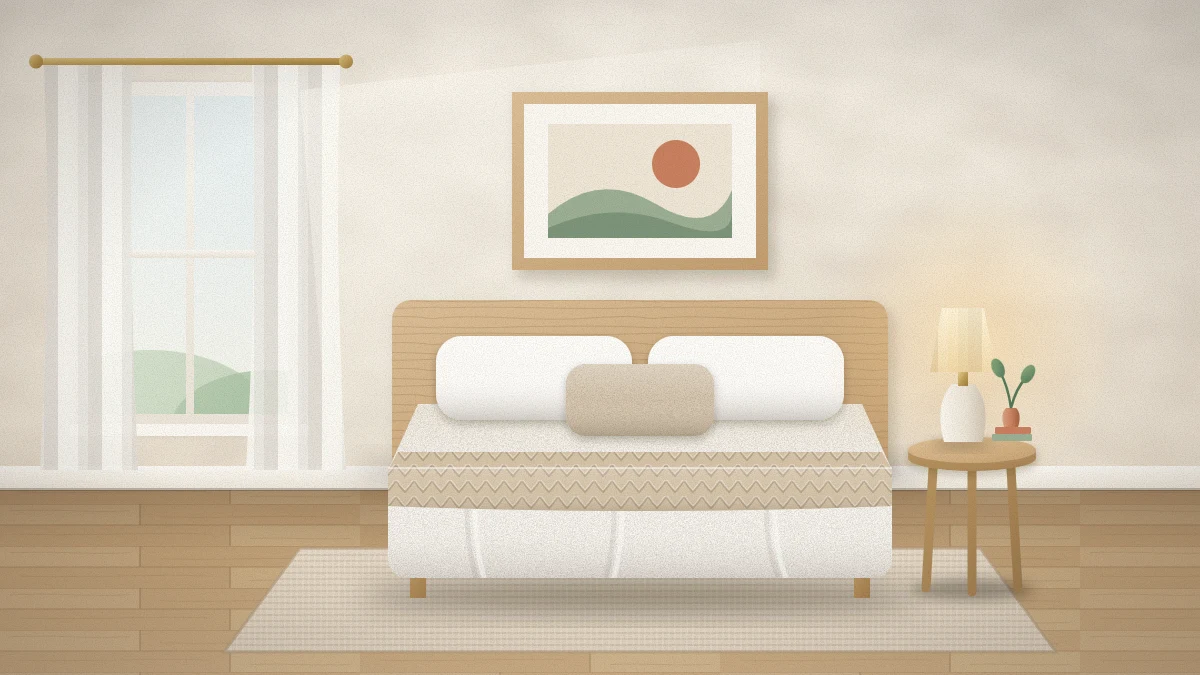 Small calm bedroom with a full bed in white and oatmeal bedding, one large framed print above a wood headboard, a round nightstand and a woven rug