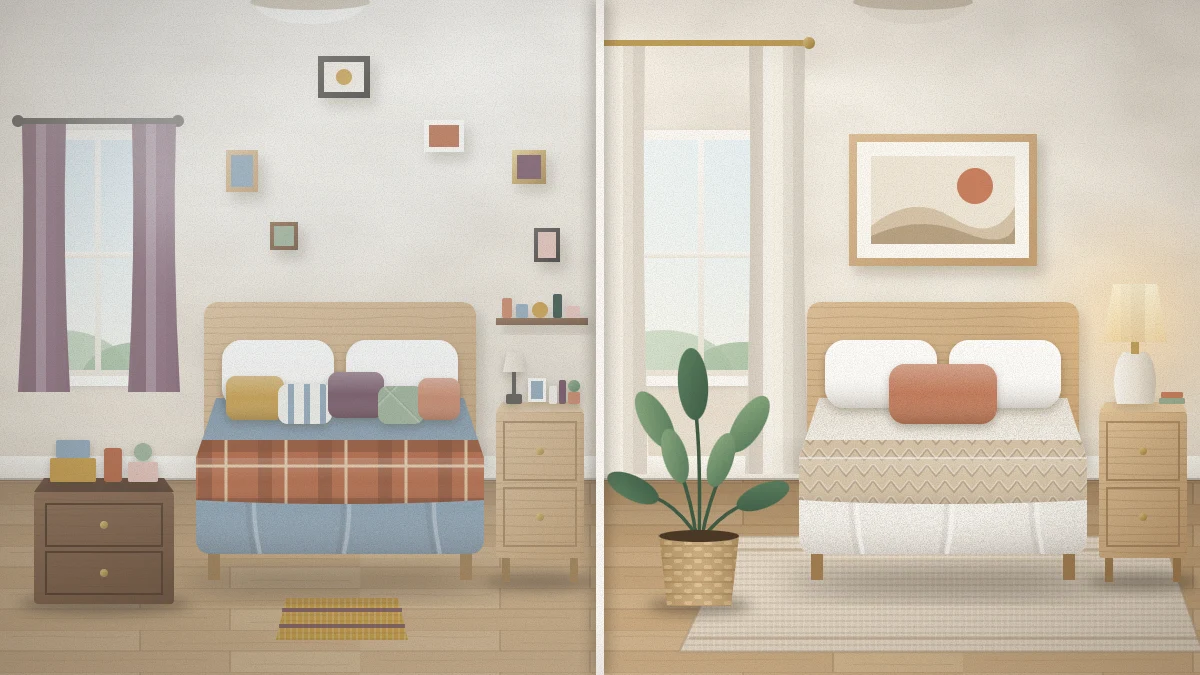 Small bedroom split into before and after halves: tiny rug, high small picture and short curtains on the left; larger rug, one big print and long curtains on the right