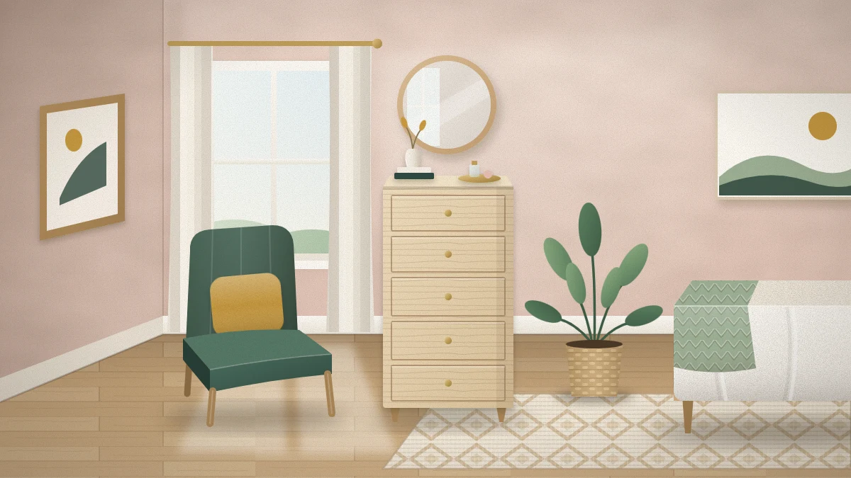 Corner of a small bedroom with a tall narrow pale-wood dresser beside a window, a round mirror above it and an angled upholstered accent chair