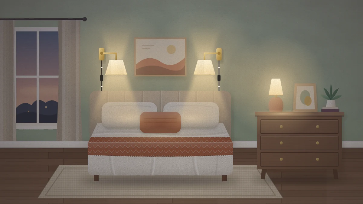 Small bedroom at dusk with a plug-in wall lamp with a linen shade on each side of the bed and a table lamp glowing on a dresser