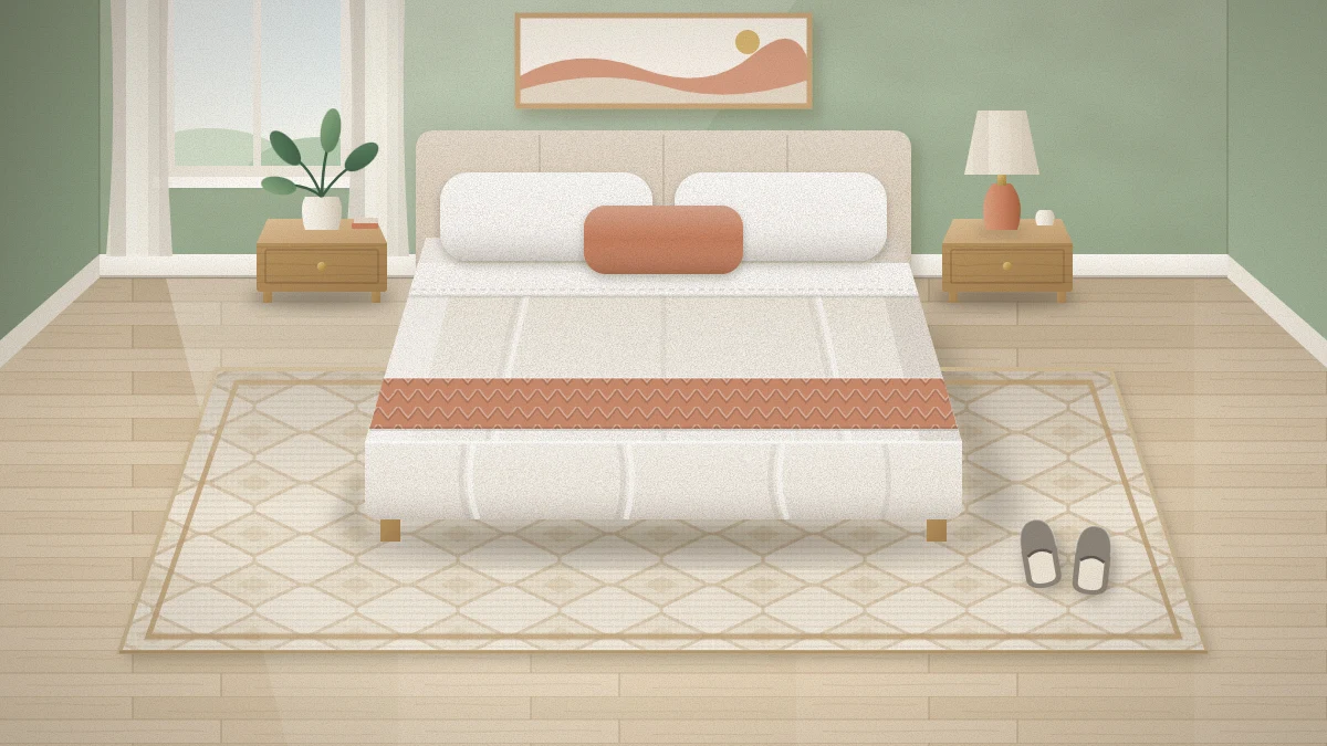 Small bedroom from a raised angle with a cream and tan diamond flat-woven rug under the lower two thirds of the bed, bordered by pale wood floor