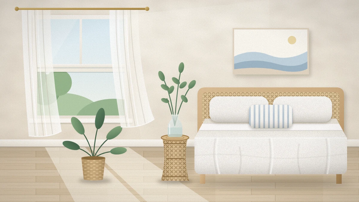 Airy small summer bedroom with white sheer curtains at an open window, white linen bedding, one pale blue striped cushion and a rattan stool with green stems